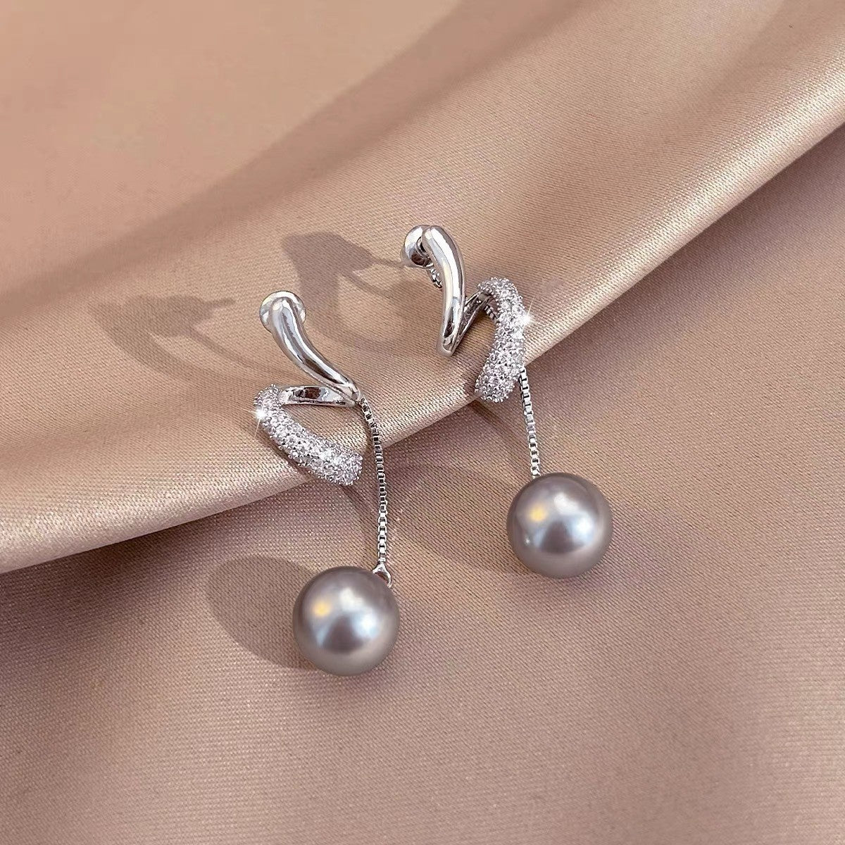 6 Pairs - Long Tassel Linen Pearl Earrings - Silver (1 Pair Price - 43)