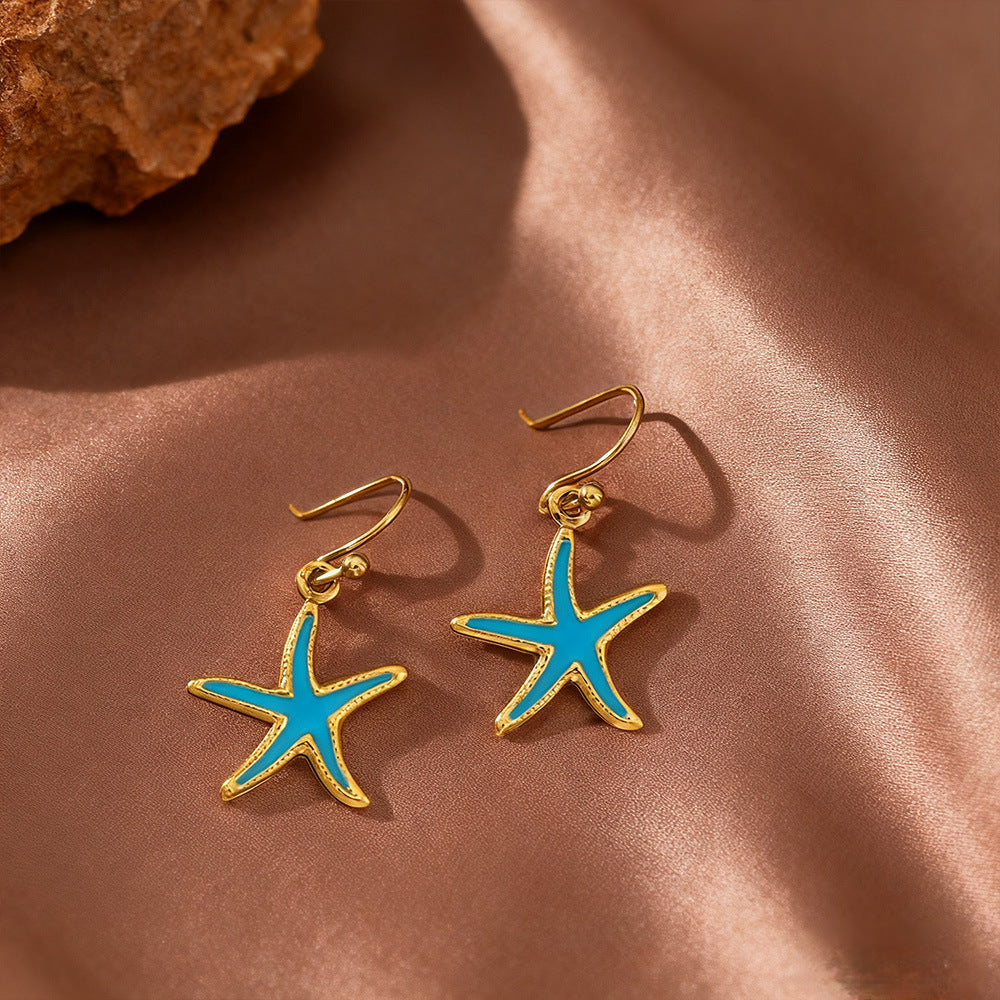 3 Set - Anti Tarnish Blue starfish necklace earring set gold (1 Set Price - 174)