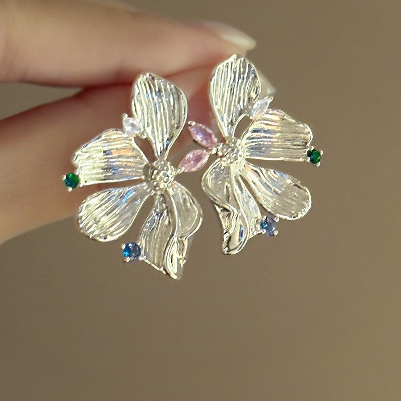 6 Pairs - Zircon Pleated Flower Earrings - Silver  (1 Pair Price - 38)
