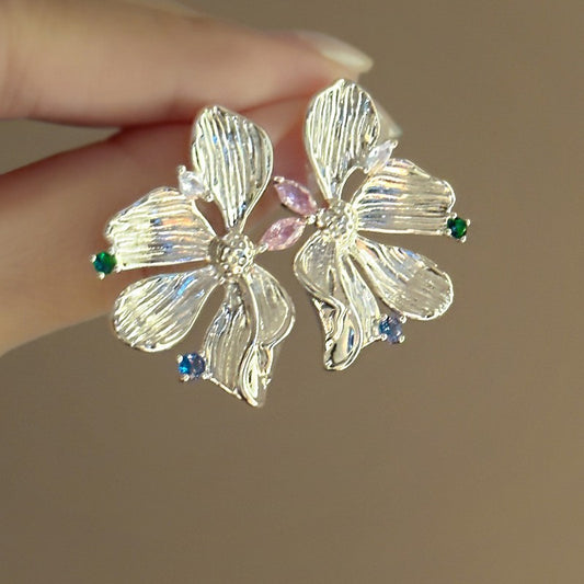 6 Pairs - Zircon Pleated Flower Earrings - Silver  (1 Pair Price - 38)