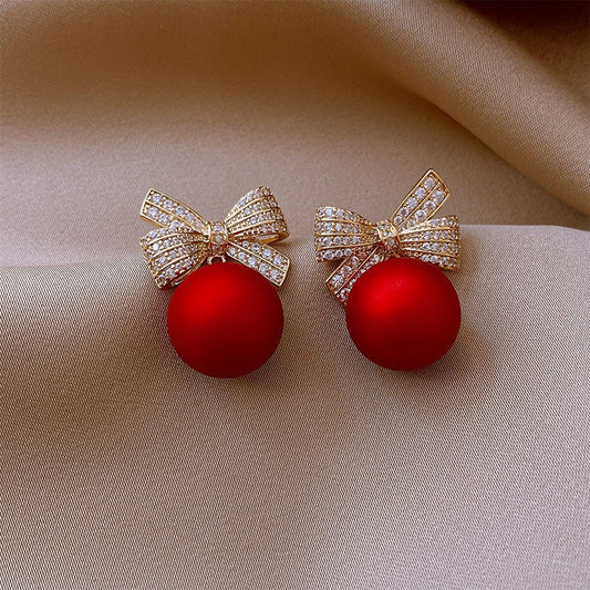 6 pc - Bow round bead diamond earring Christmas women's fashion earrings  - Red colour (Unit Price - 36)