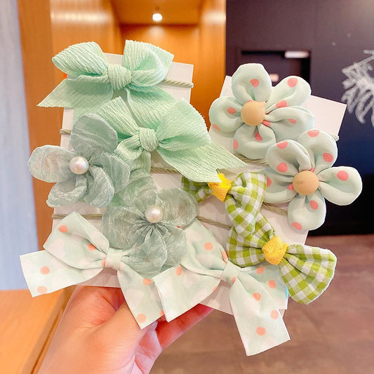 Children's fabric flower bow hair rope - Green (10 pc set)