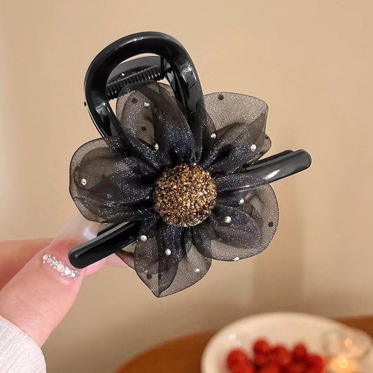 3 Pc - Mesh camellia rhinestone grip clip - Black (1 Pc Price - 28)