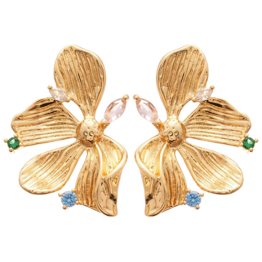 6 Pairs - Zircon Pleated Flower Earrings - Golden  (1 Pair Price - 37)