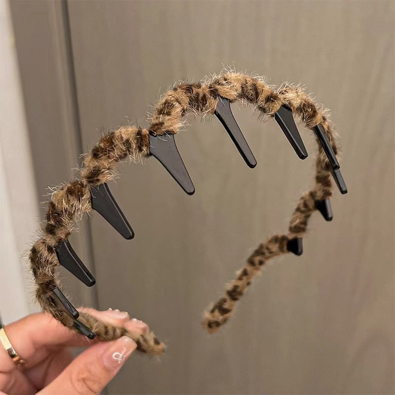 6 Pc - Plush Leopard Print Toothed Non-Slip Headband (Mix Color) (Unit Price - 20)