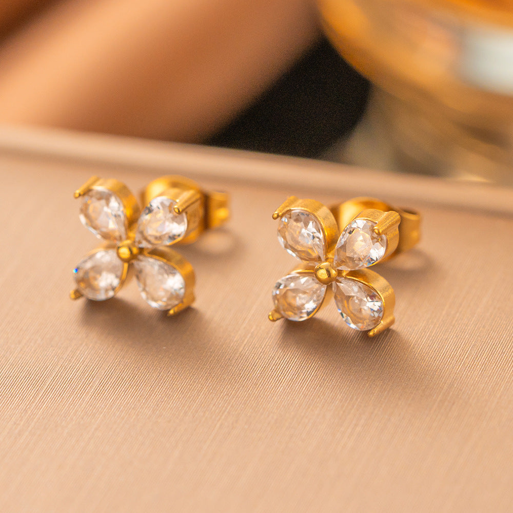 3 Set - Anti Tarnish Diamond four-leaf clover earring necklace set gold (1 Set Price - 174)