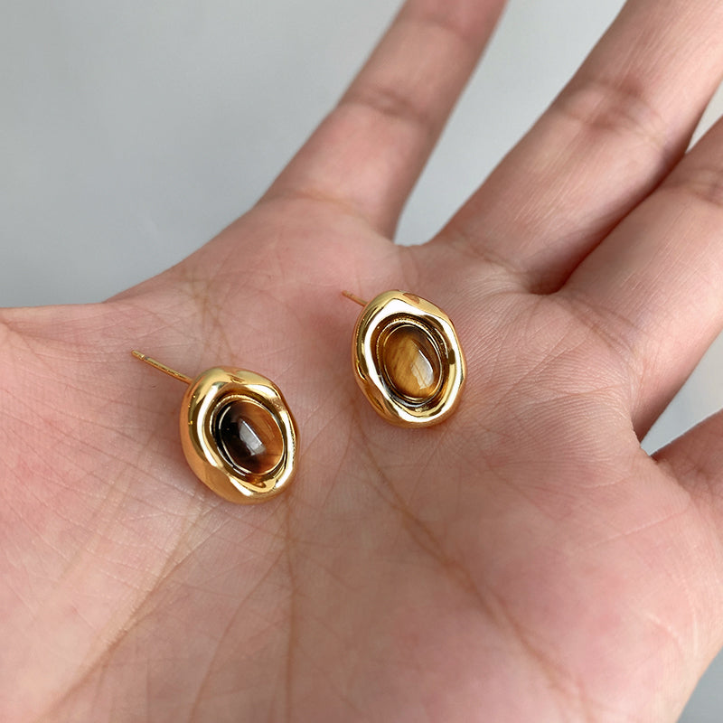 6 Set - Caramel chestnut Maillard style tiger eye stone oval earrings (Unit price 20)