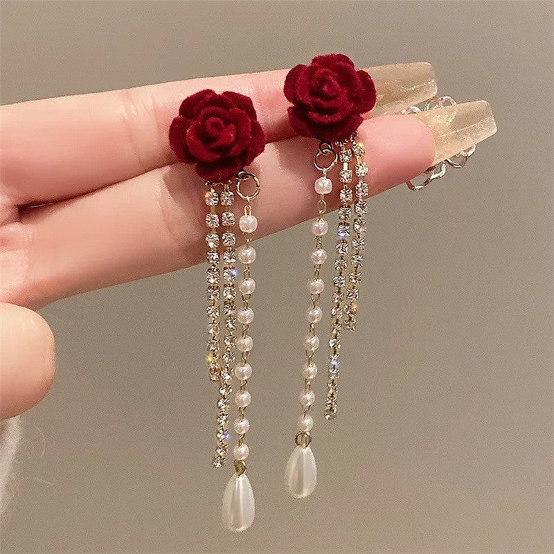6 Pairs - Flocking Camellia Flower Pearl Tassel Earrings (1 Pair Price - 43)