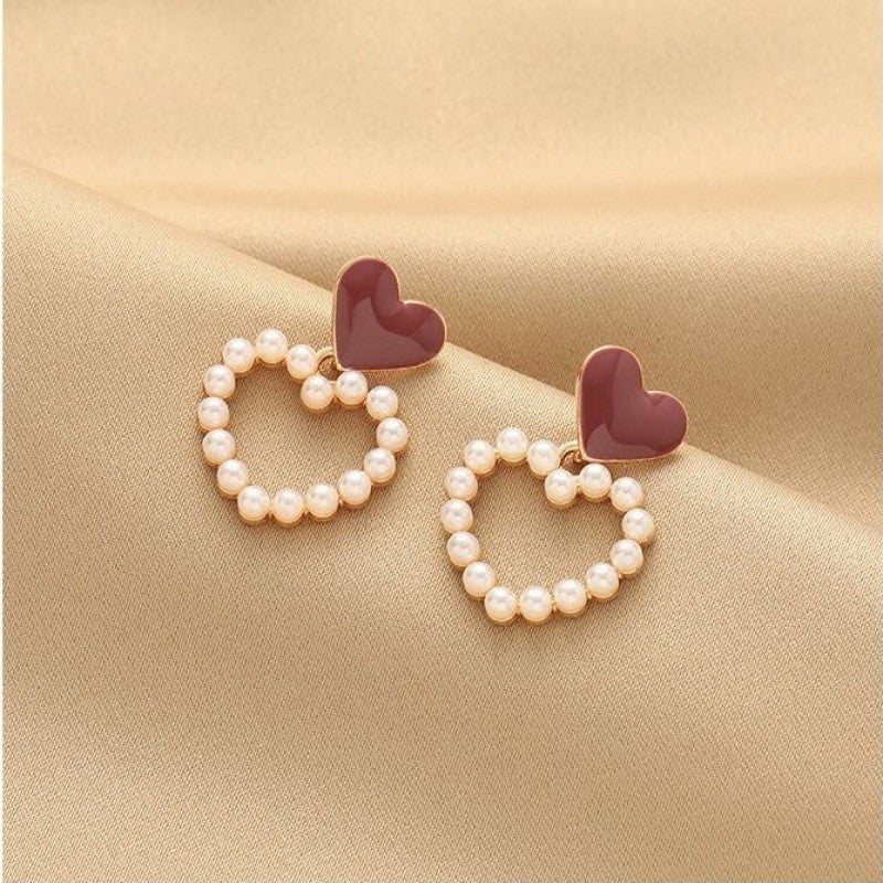 6 Pairs - Red Heart Pearl Earrings (1 Pair Price - 24)