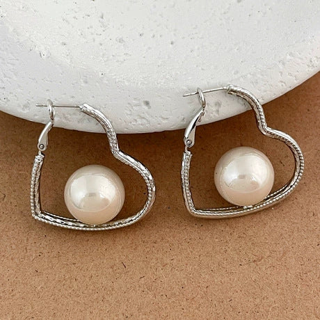 6 Pairs - Simple and Stylish Heart-Shaped Pearl Earrings - Silver (1 Pair Price - 41)