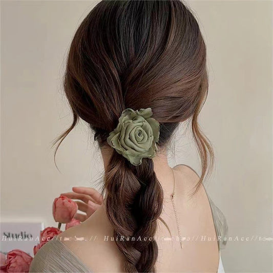 3 Pc - New French Retro Rose Flower Girls Hair Rope - Green (1 Pc Price - 19)