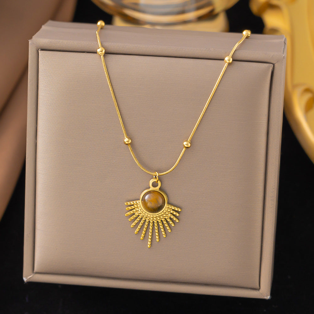 3 Pc - Anti Tarnish Fan-shaped tiger eye stone necklace gold (1 Pc Price - 117)