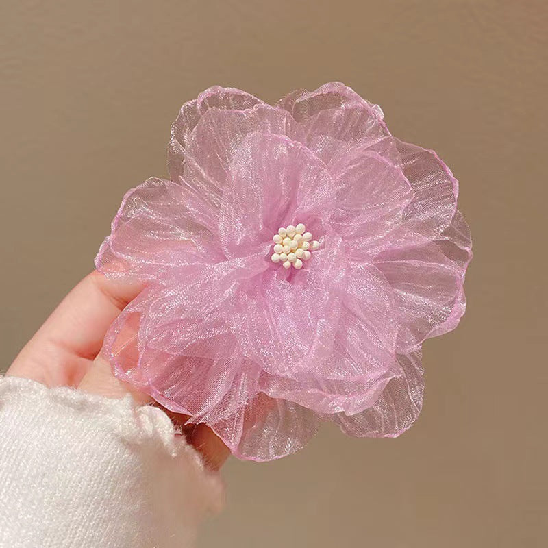 3 Pc - Super Fairy Princess Style Tulle Camellia Flower Hair Clip for Girls - Purple (1 Pc Price - 23)