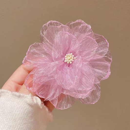 3 Pc - Super Fairy Princess Style Tulle Camellia Flower Hair Clip for Girls - Purple (1 Pc Price - 23)