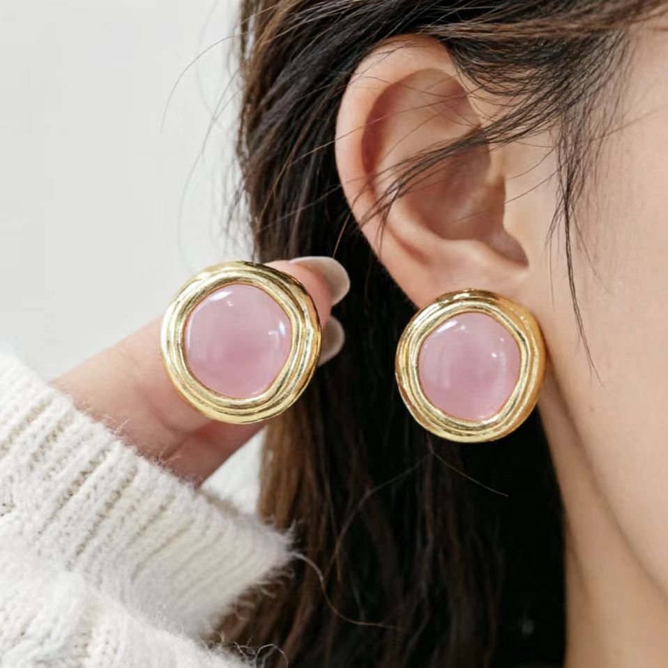 6 Pairs - Korean minimalist and elegant round pink cat's eye stone earrings  (1 Pair Price - 27)