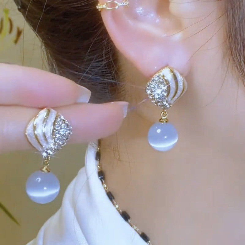6 Pairs - Korean Style Full Diamond Rhombus-Shaped Cat's Eye Stone Earrings (1 Pair Price - 34)