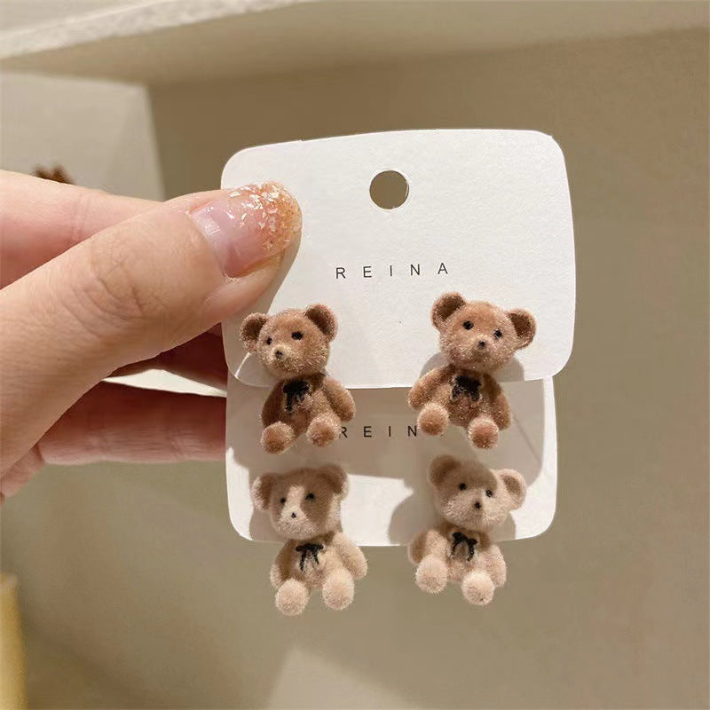 6 Pairs - Korean Flocking Cute Bear Ear Studs (Mix Color) (1 Pair Price - 41)