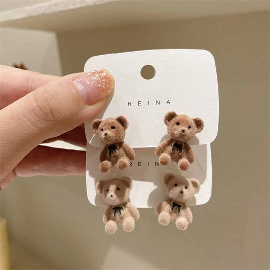 6 Pairs - Korean Flocking Cute Bear Ear Studs (Mix Color) (1 Pair Price - 41)