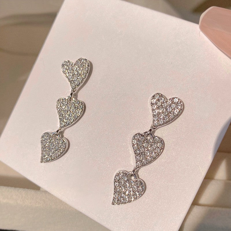 6 Pairs - Silver Full Diamond Heart Earrings  (1 Pair Price - 27)