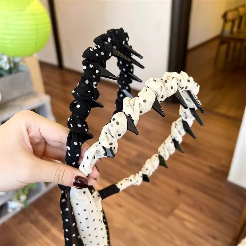 6 Pc - French polka dot ribbon tooth comb headband hair tie (Mix Color) (Unit Price - 32)
