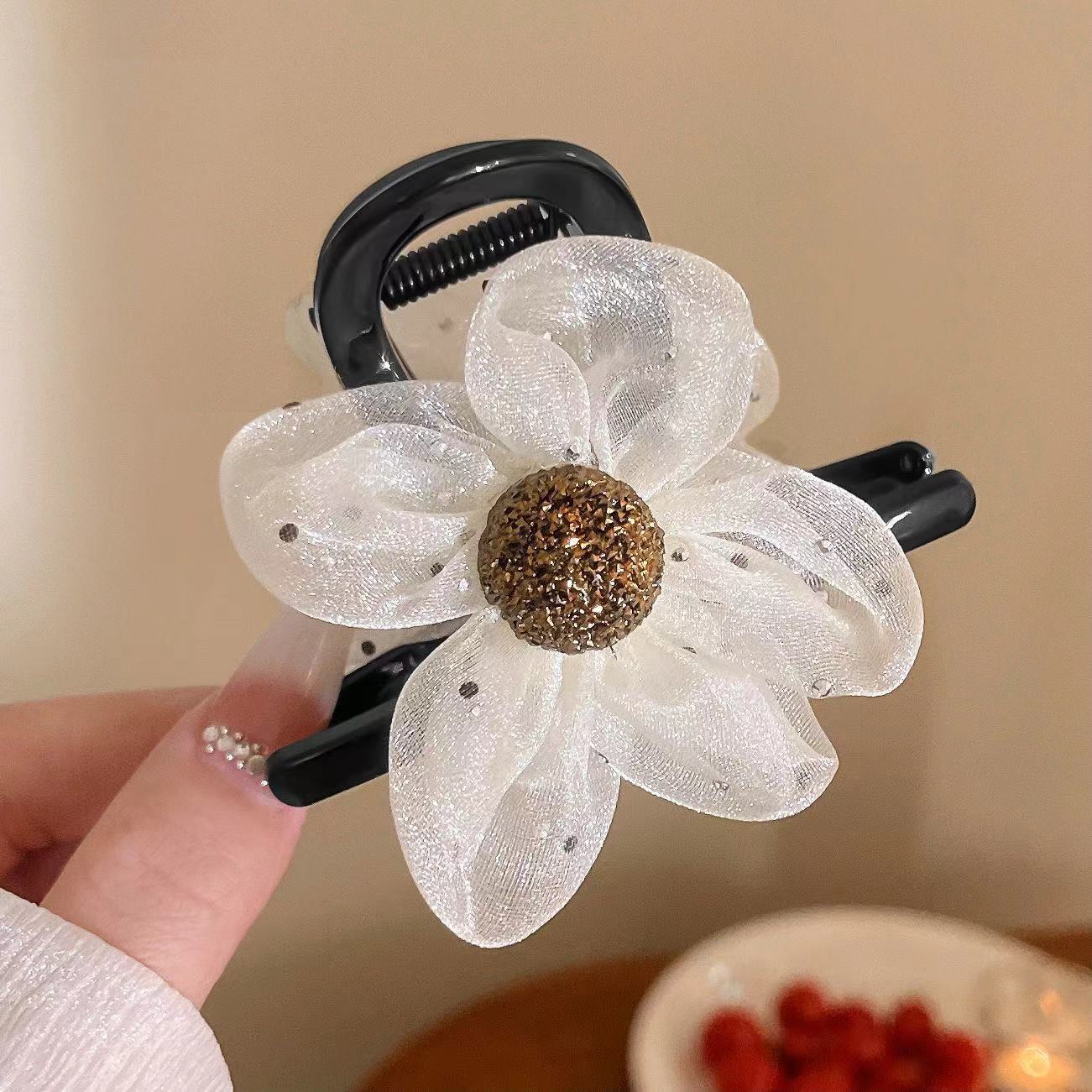 3 Pc - Mesh camellia rhinestone grip clip - White (1 Pc Price - 28)