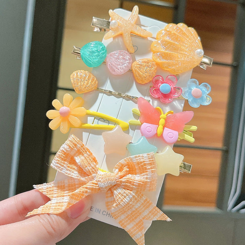 Light orange plaid bow starfish shells 9-piece set hairclip Card Packing