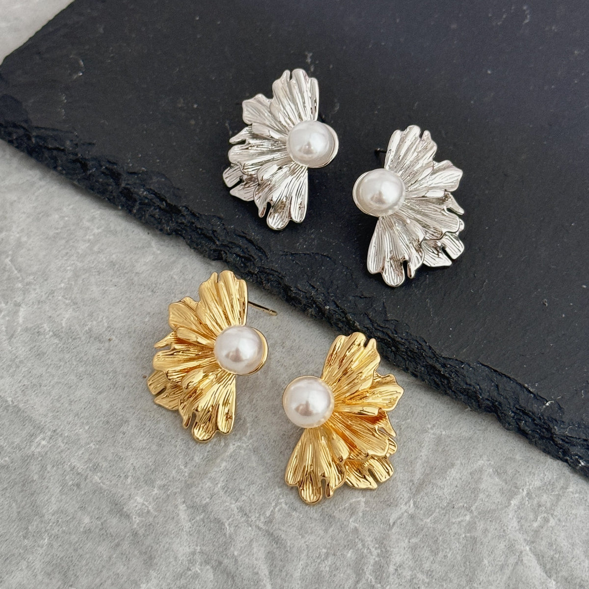 6 Pairs - Irregular fan-shaped pearl earrings - Silver (1 Pair Price - 27)