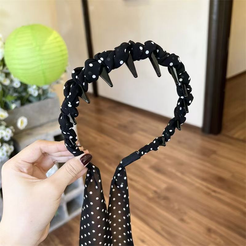 6 Pc - French polka dot ribbon tooth comb headband hair tie (Mix Color) (Unit Price - 32)