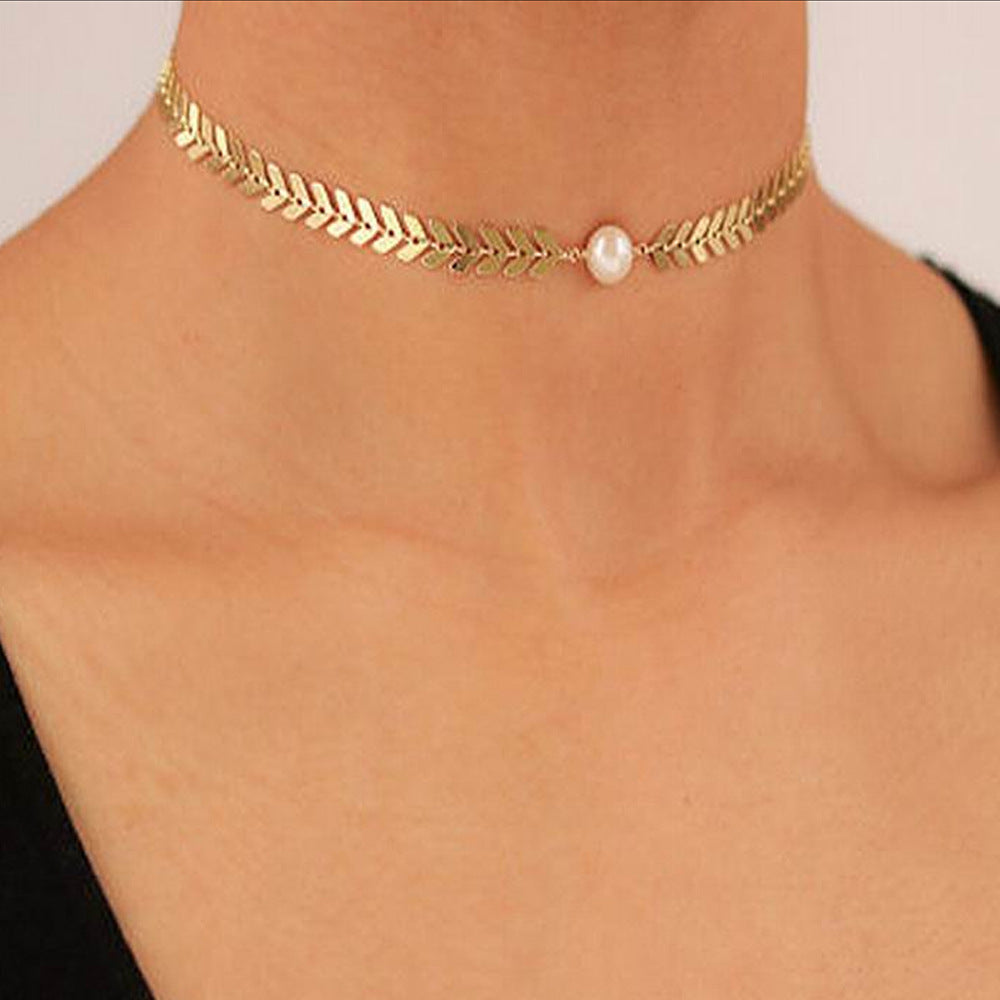 12 Pc - Fishbone  Chain Pearl Pendant Short Necklace (Unit Price - 25.00)