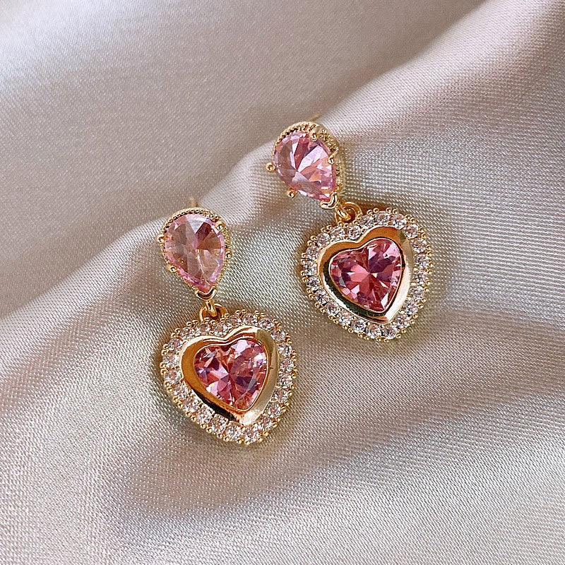 6 Pairs - Super Shiny Pink Heart Zircon Earrings (1 Pair Price - 34)