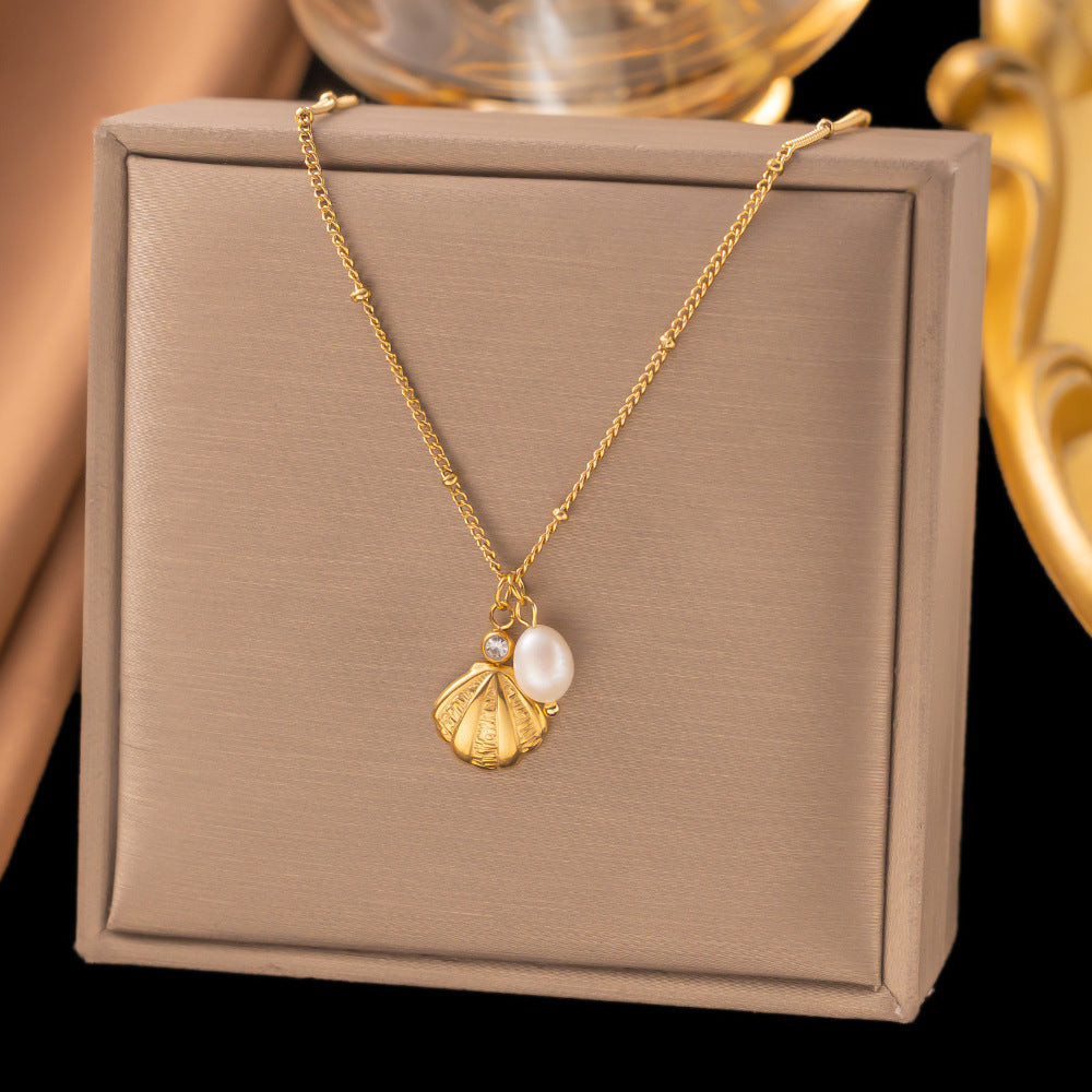 3 Pc - Anti Tarnish Pearl single diamond shell necklace gold (1 Pc Price - 96)