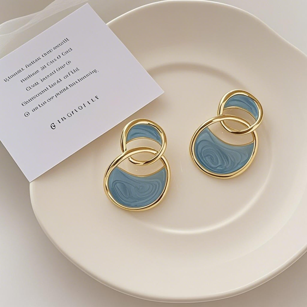 6 Pairs - Double-Ring Drip Glaze Sea Blue Travel Earrings (1 Pair Price - 25)
