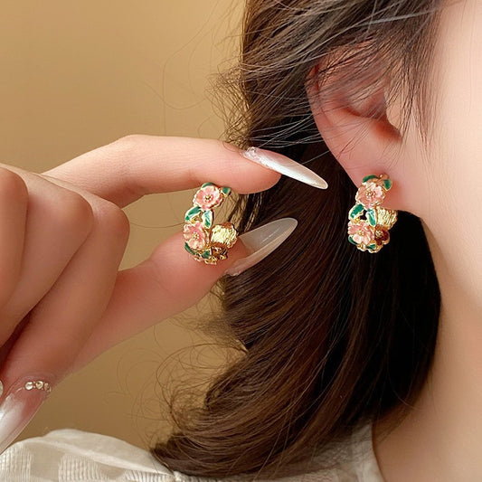 6 Set - Rose branch romantic French glaze flower C-shaped earrings (1 Set price - 33)