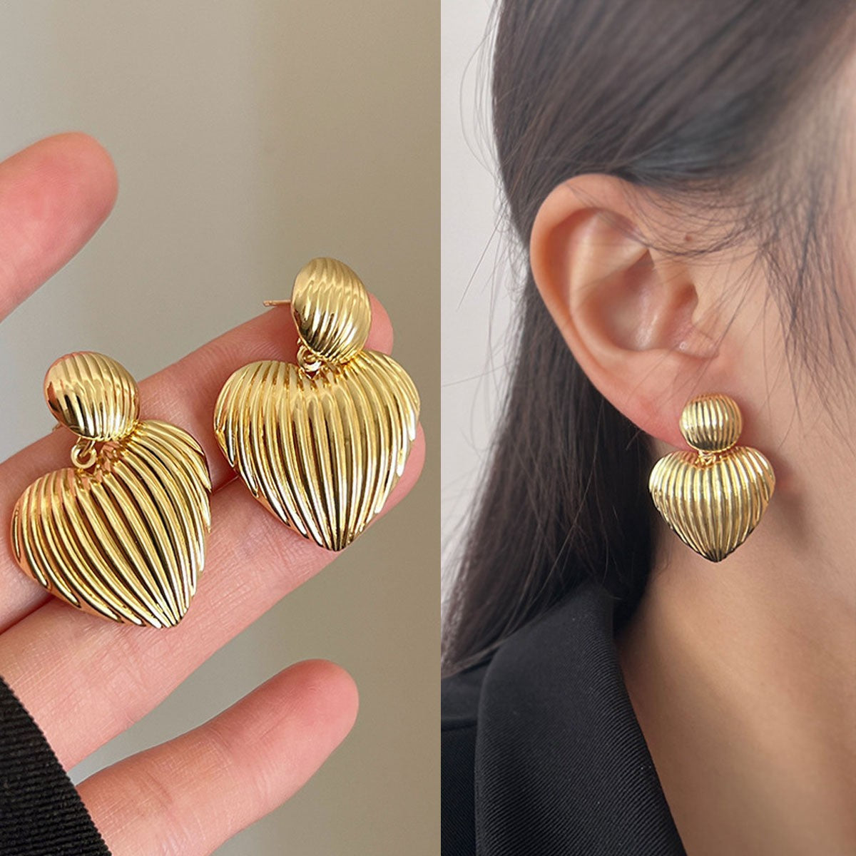 6 Pairs - Korean-Style Round Heart-Patterned Earrings - Golden (1 Pair Price - 37)