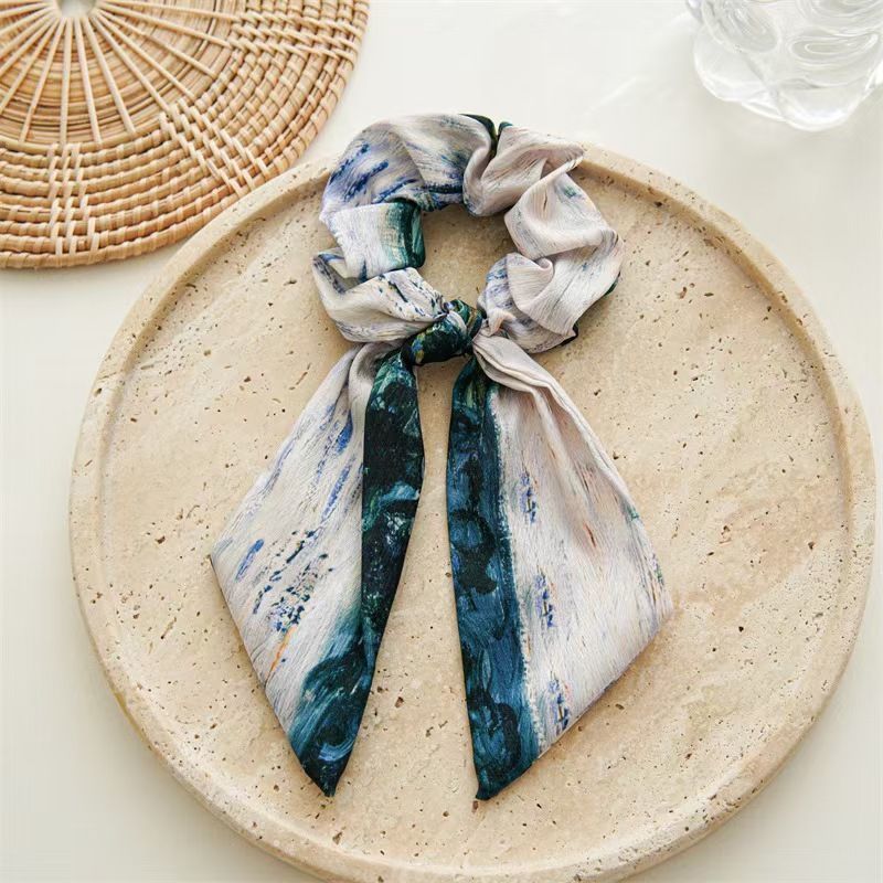 3 Pc - Starry Sky Satin Oil Painting Hair Band Hair Rope - Blue colour (1 Pc Price - 34)