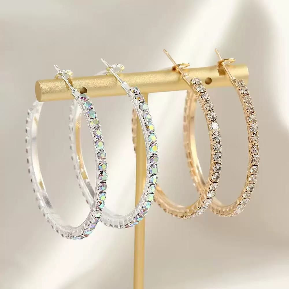 6 Pairs - Full Diamond Fashion Simple Hoop Earrings - Golden (1 Pair Price - 38)