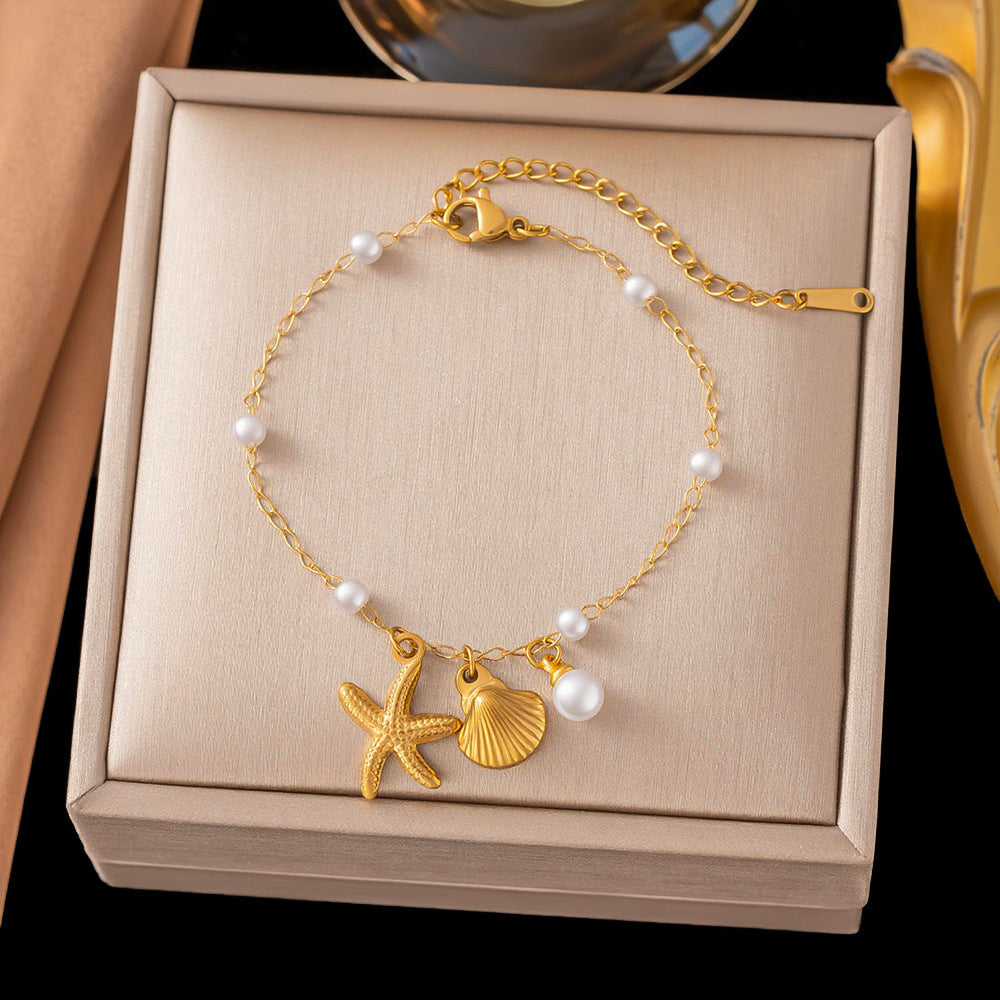 3 Pc - Anti Tarnish Starfish pearl shell chain bracelet gold (1 Pc Price - 106)