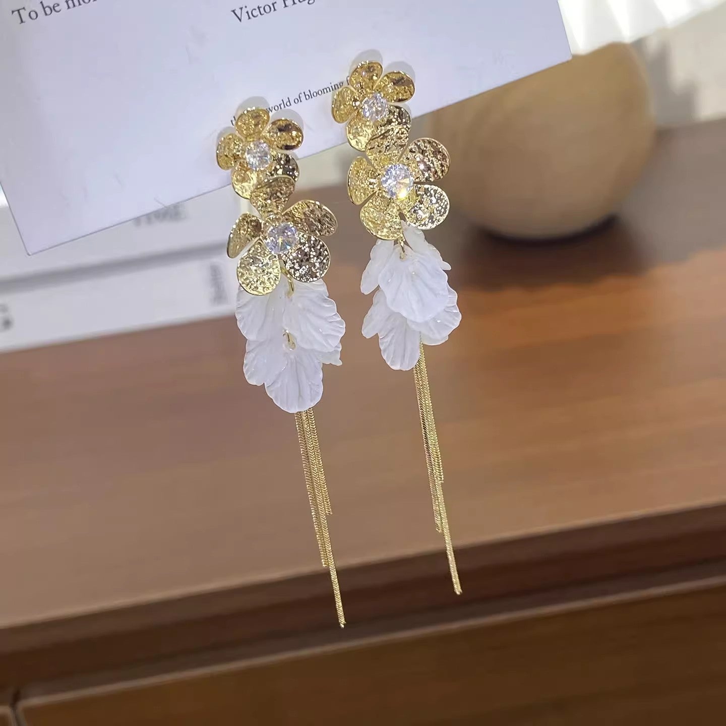 6 Pairs - French-Style Exquisite Diamond-Encrusted Flower Tassel Earrings - Golden  (1 Pair Price - 54)