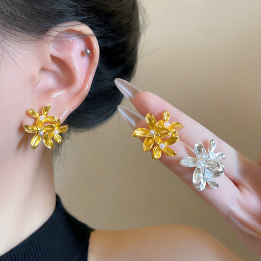 6 Pairs - Korean Style Exaggerated Flower Earrings - Golden (1 Pair Price - 39)
