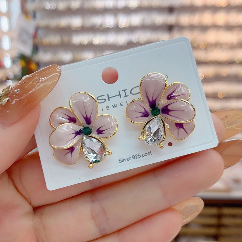 6 Pairs - Oil-Drip Petal Zircon Earrings (Mix Color) (1 Pair Price - 43)