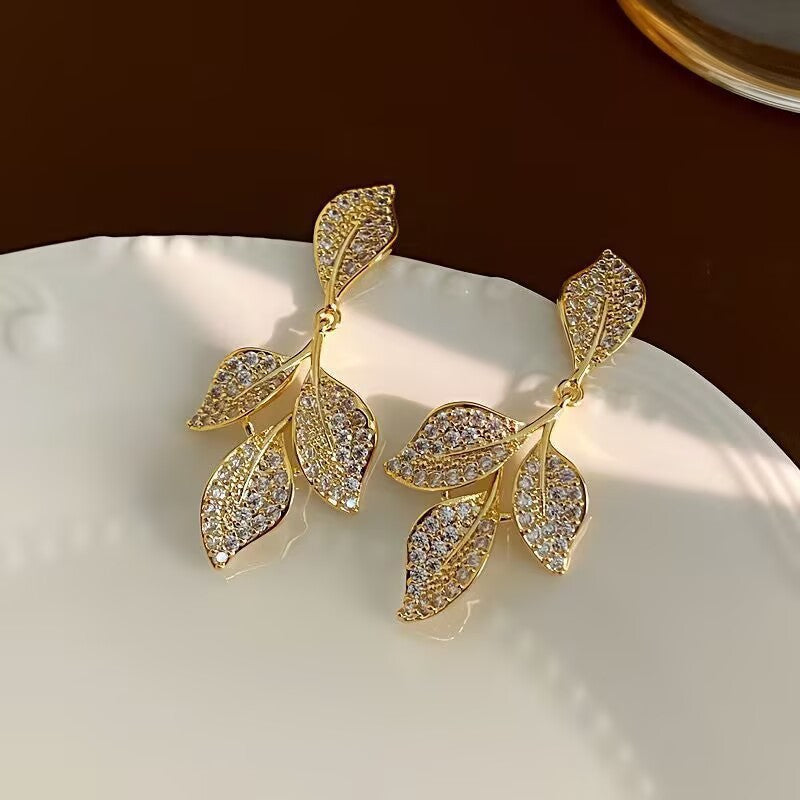 6 Pairs - Retro Full Diamond Leaf Earrings - Golden  (1 Pair Price - 32)