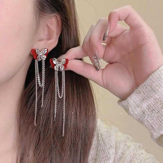 6 Pairs - Autumn and Winter Flocked Butterfly Tassel Earrings (1 Pair Price - 50)
