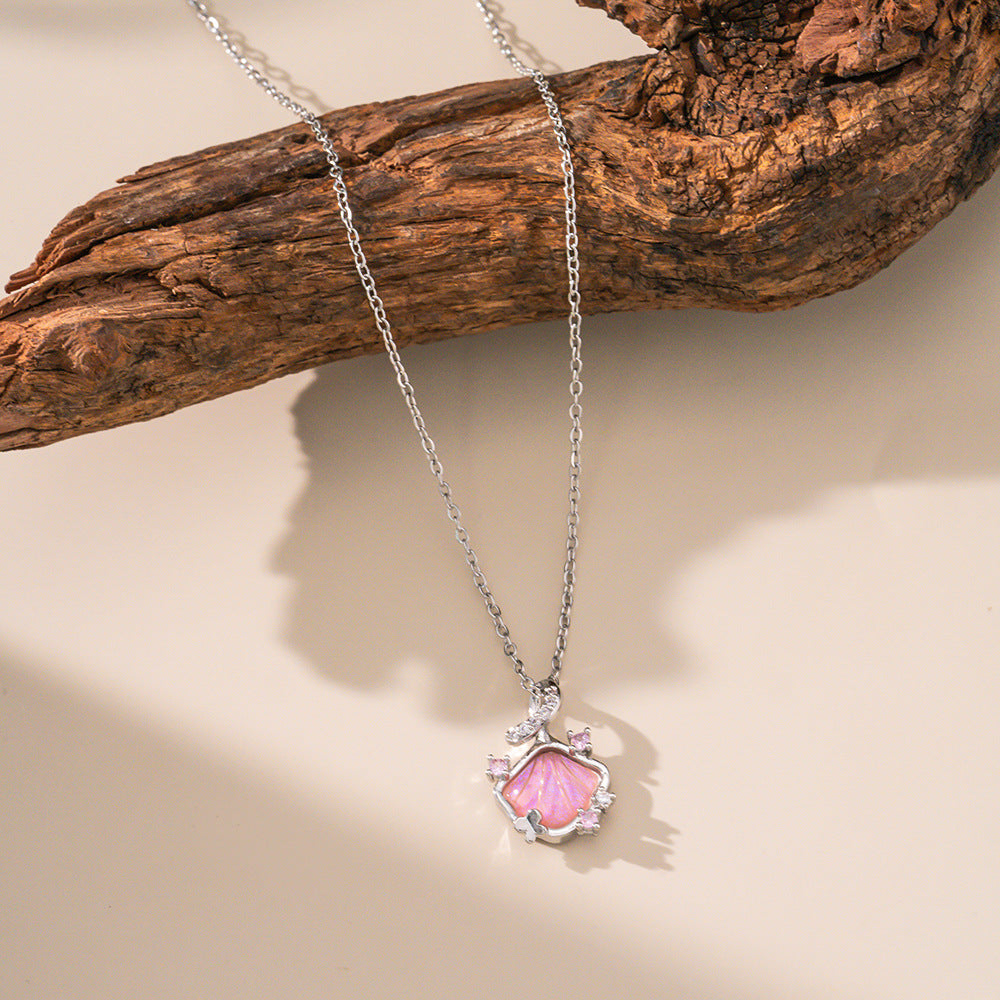 3 Pc - Anti Tarnish Diamond pink shell necklace silver (1 Pc Price - 83)
