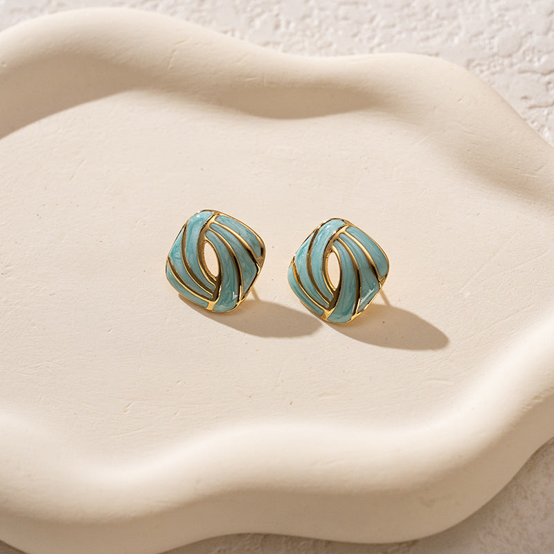 3 Pairs - Colorful Oil Drop Stainless Steel Square Earrings - Green (1 Pair Price - 51)