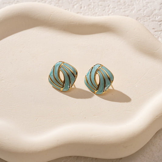 3 Pairs - Colorful Oil Drop Stainless Steel Square Earrings - Green (1 Pair Price - 51)