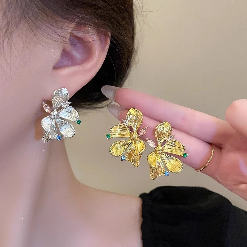6 Pairs - Zircon Pleated Flower Earrings - Silver  (1 Pair Price - 38)