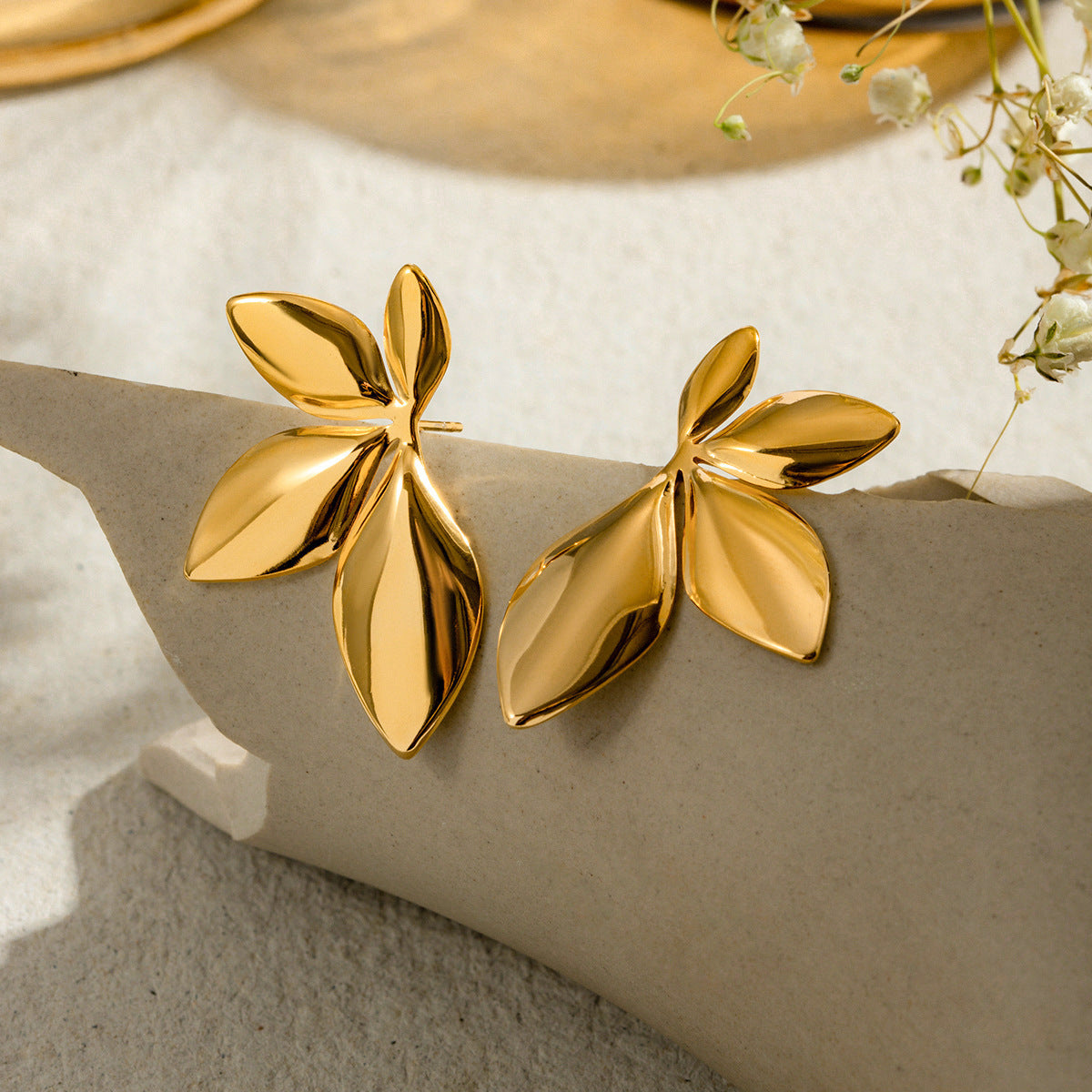 6 Pc - Glossy flower and leaf earrings - Golden colour (Unit Price - 33)