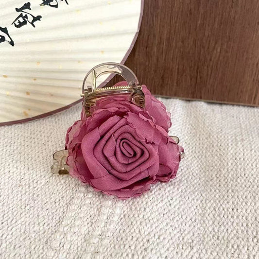 3 Pc - Fairy-Style Tulle Rose Acrylic Hair Clip Cluther - Pink (1 Pc Price - 40)