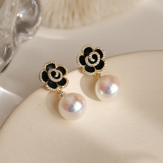 6 Pairs - Korean Black Rose Flower Pearl Earrings (1 Pair Price - 30)