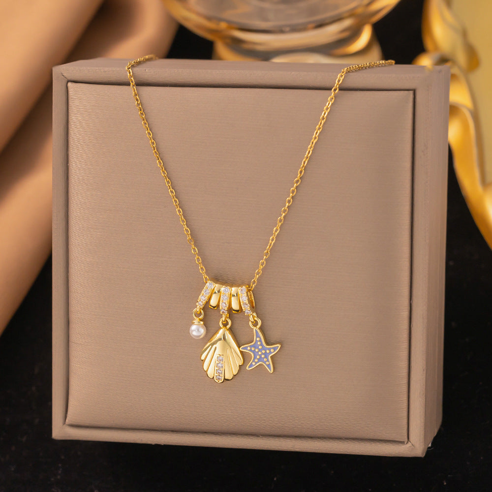 3 Pc - Anti Tarnish Pearl starfish necklace gold (1 Pc Price - 107)